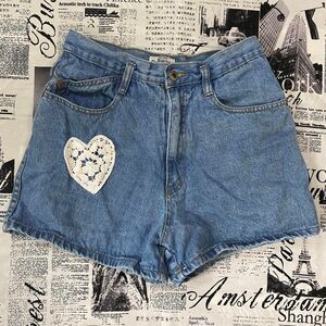 Julianna vintage 90s Women's mid wash denim jean shorts high waist heart lace